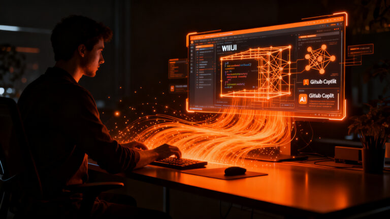 Desarrollador creando aplicaciones de Windows 11 con IA y GitHub Copilot, optimizando el desarrollo de software.