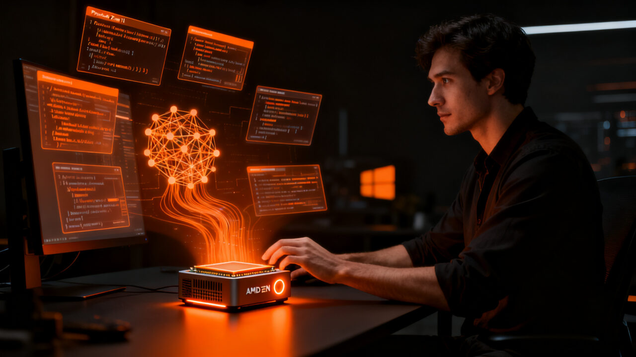 Developer trabajando con Project Zenith, Windows 11 con IA local y chips AMD Ryzen AI Halo para desarrollo de software.