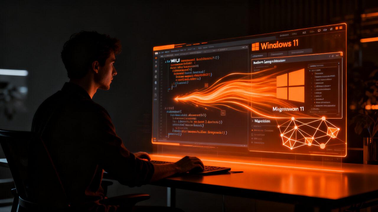 Desarrollador de software utilizando agentes de IA para crear aplicaciones nativas WinUI en Windows 11.