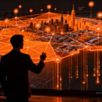 Agente de IA analizando datos geoespaciales y mapas de infraestructura física, representando la tecnología de Mireye API.
