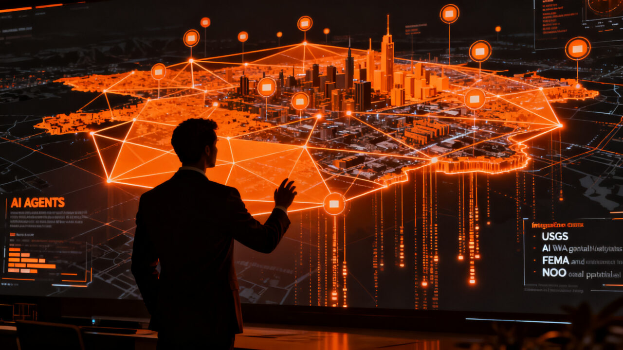 Agente de IA analizando datos geoespaciales y mapas de infraestructura física, representando la tecnología de Mireye API.