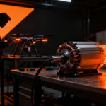 Motor eléctrico avanzado de Modal Motors para drones, representando la independencia de tierras raras y la cadena de suministro tecnológica.
