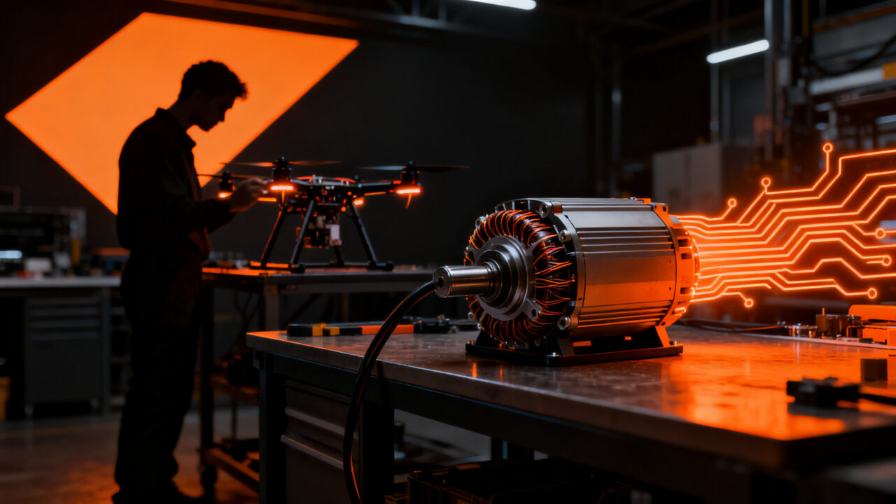 Motor eléctrico avanzado de Modal Motors para drones, representando la independencia de tierras raras y la cadena de suministro tecnológica.