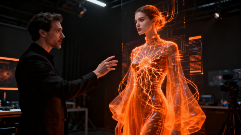 Director creativo de IA trabajando en una sesión fotográfica de moda de vanguardia con tecnología generativa.