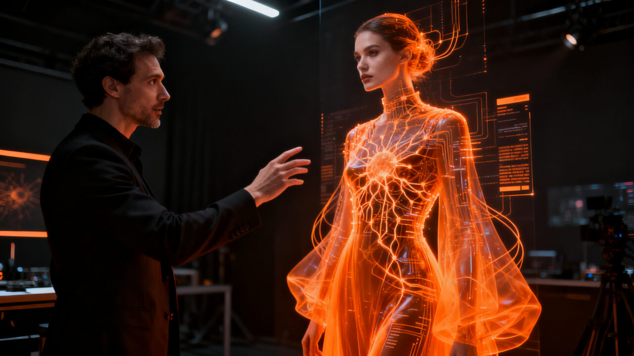 Director creativo de IA trabajando en una sesión fotográfica de moda de vanguardia con tecnología generativa.