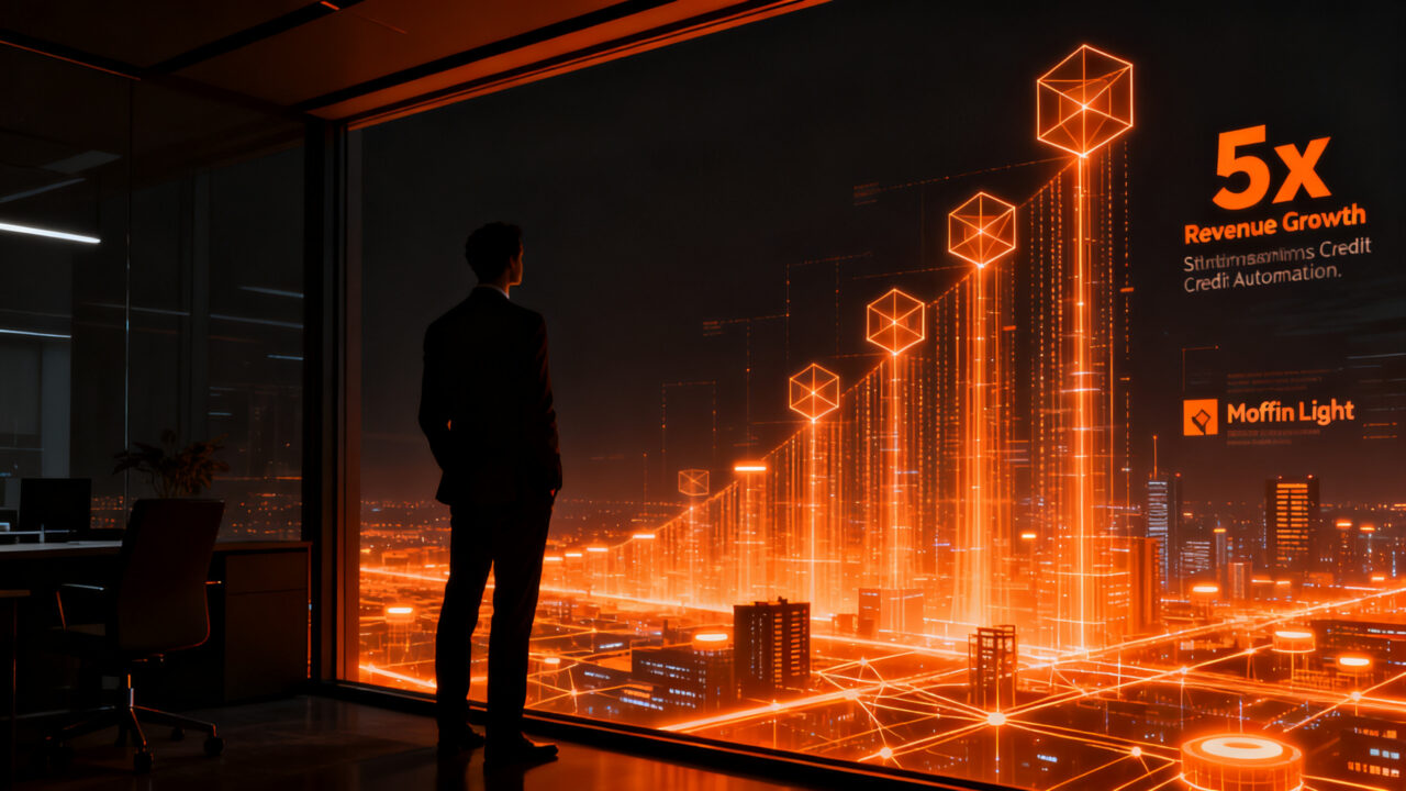 Emprendedor analizando datos financieros frente a una interfaz digital, representando la expansión de Moffin y la automatización de crédito para Pymes en México.