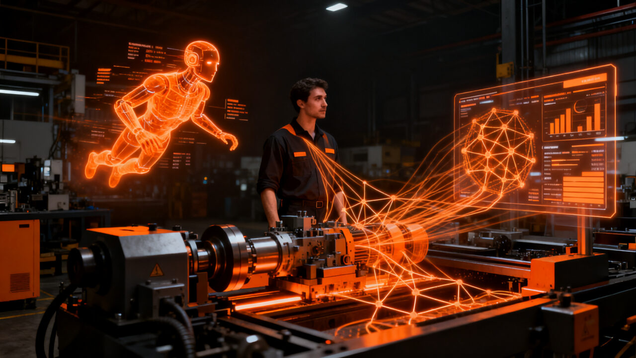 Agente de IA industrial analizando datos complejos en una planta de manufactura, optimizando el mantenimiento predictivo con tecnología de Monom y Google Cloud.