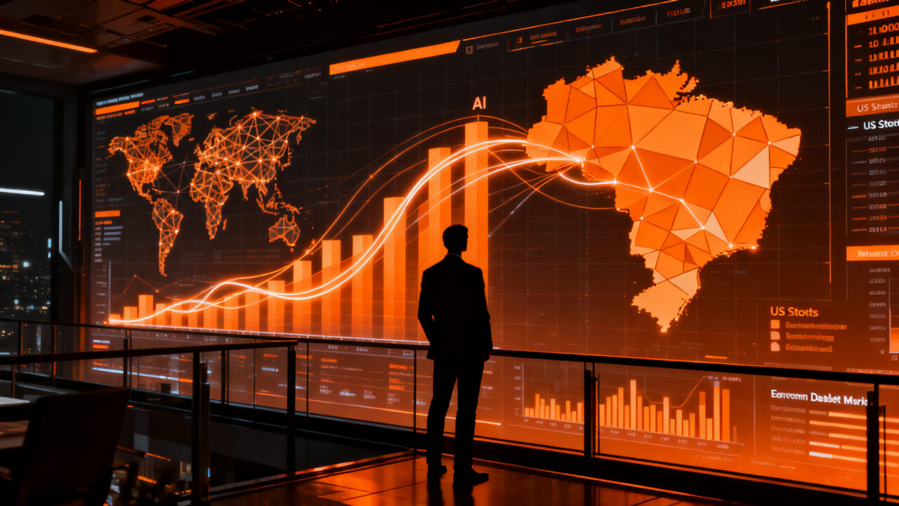 Estratega financiero analizando gráficos de inversión en inteligencia artificial y mercados emergentes, estilo editorial de alto impacto.