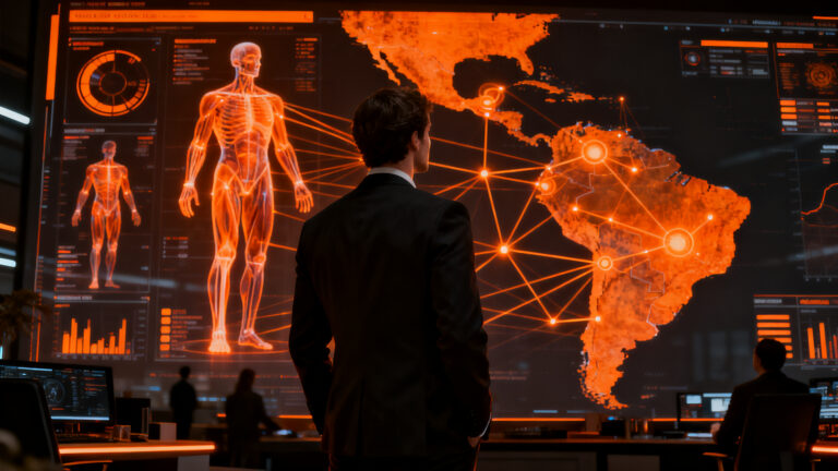 Emprendedor analizando datos de salud digital en una interfaz futurista, representando la expansión de MozartAI en México.