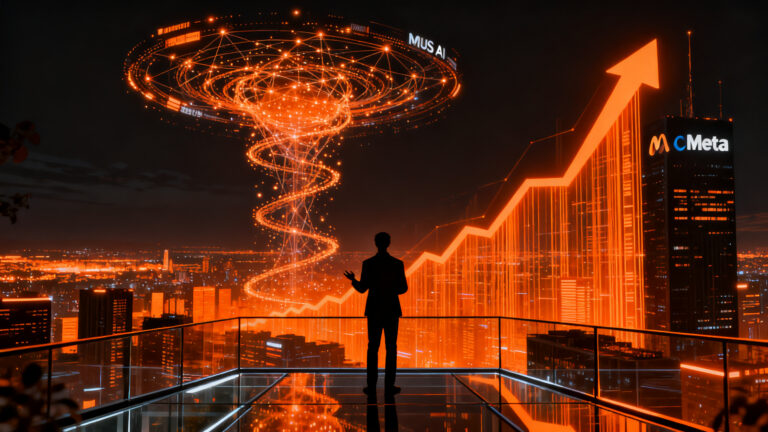 El agente de IA Muse impulsando el valor de mercado de Meta en Wall Street, representando el crecimiento financiero y la innovación tecnológica.