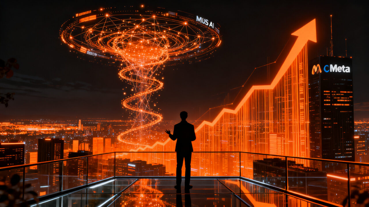El agente de IA Muse impulsando el valor de mercado de Meta en Wall Street, representando el crecimiento financiero y la innovación tecnológica.