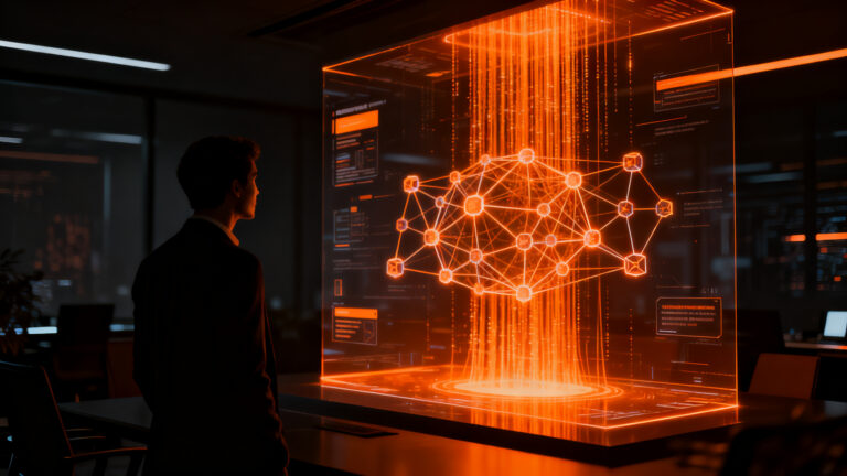 Un profesional supervisando un panel de control con nodos interconectados de inteligencia artificial, representando la automatización de flujos de trabajo con n8n Agents.