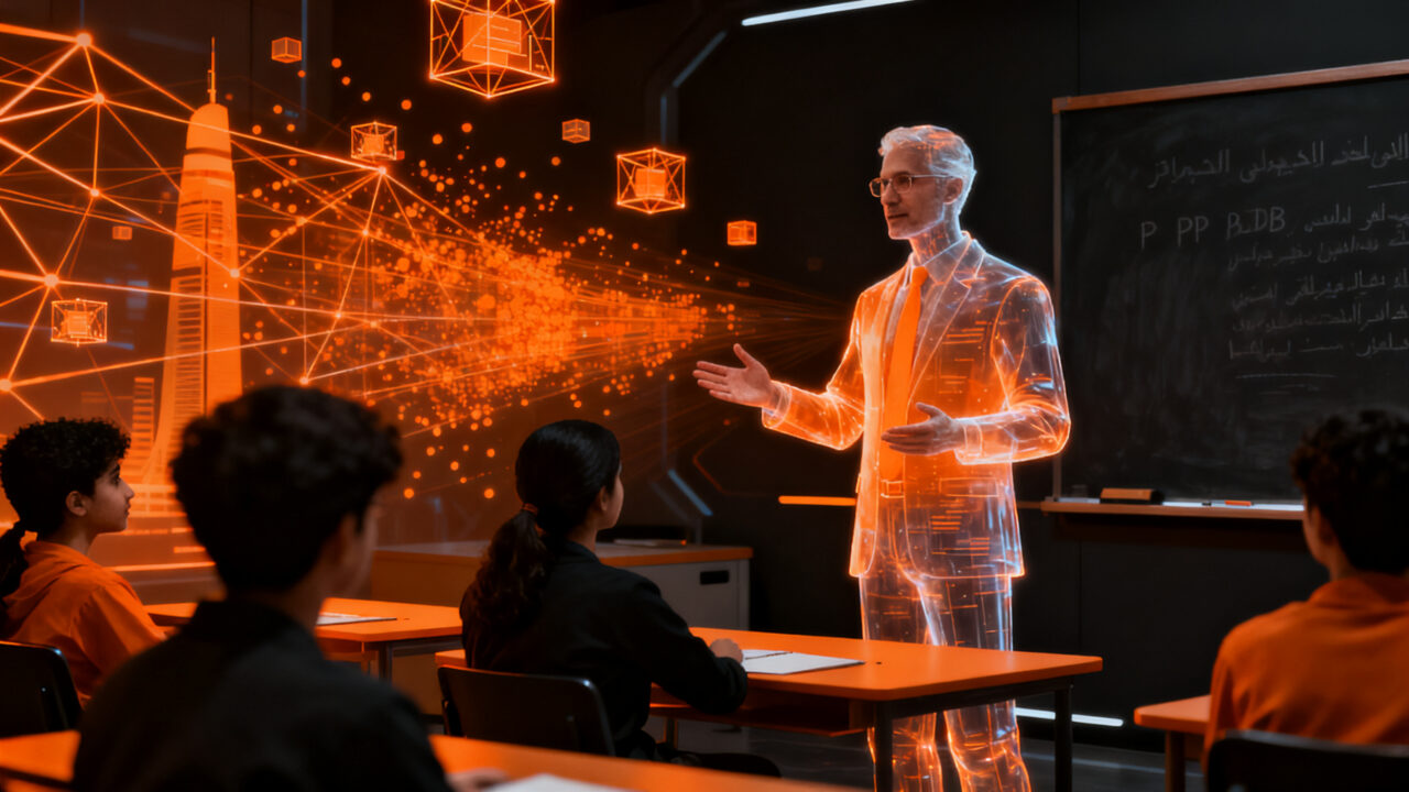 Gemelos digitales de profesores con inteligencia artificial en un entorno educativo futurista, representando la alianza de Napster y GEMS Education en Dubai.