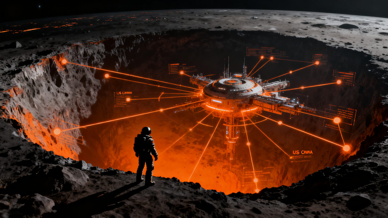 Silueta de astronauta observando la base lunar en el polo sur, representando la carrera espacial y alianzas estratégicas de la NASA.