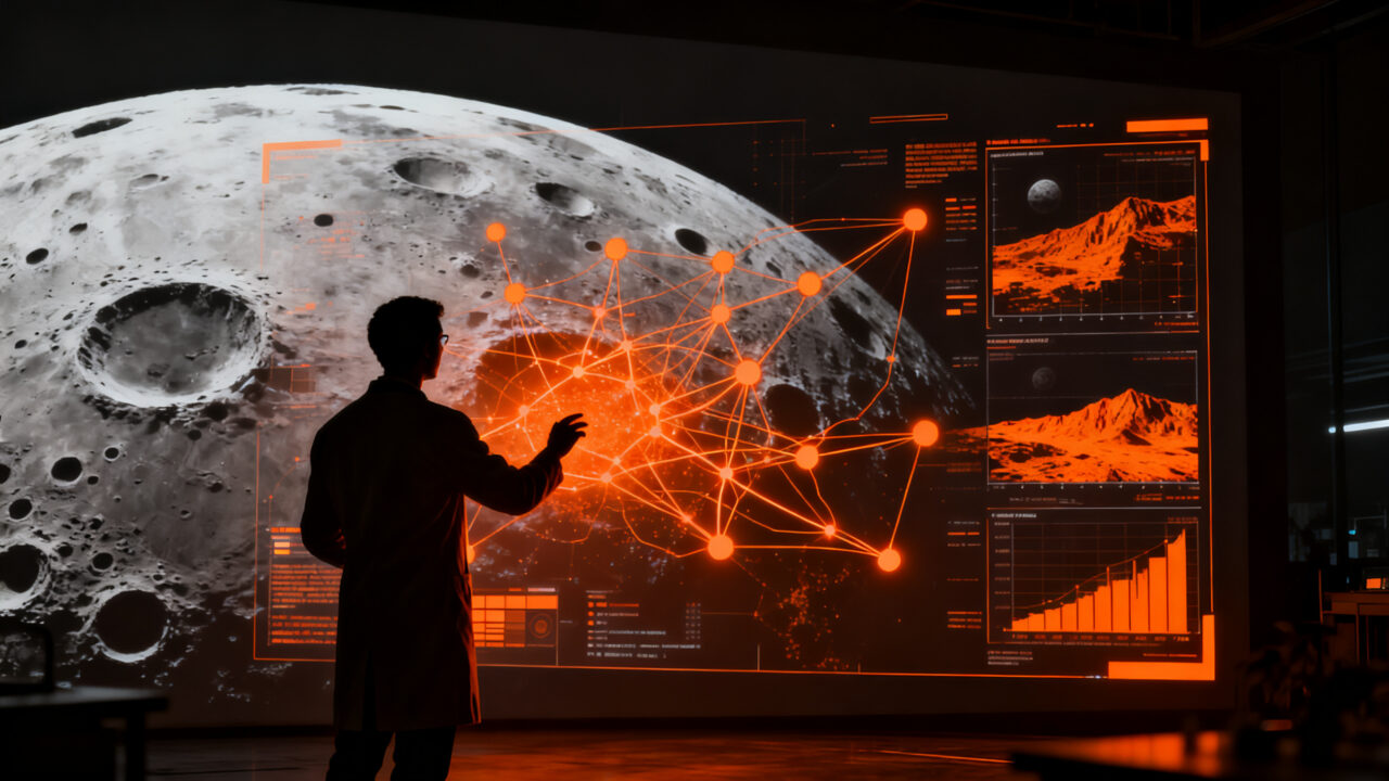 Investigador analizando datos del Lunar Foundation Model de NASA e IBM para innovación en inteligencia artificial espacial.