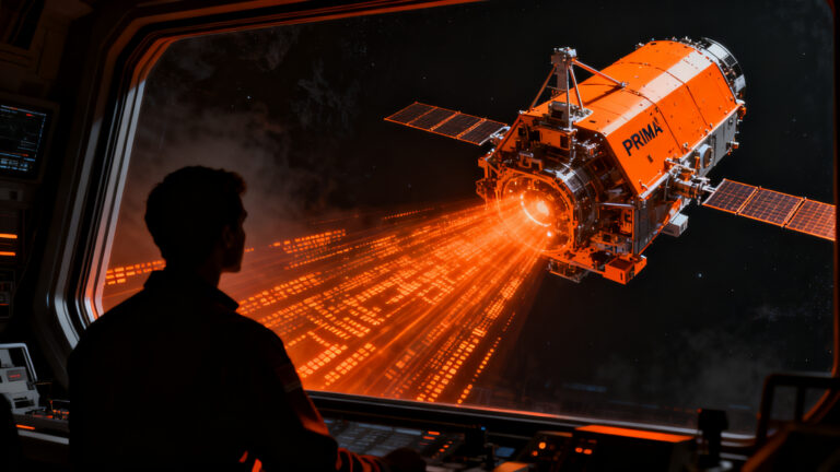 Ilustración conceptual del telescopio espacial PRIMA de la NASA operando en el espacio profundo, simbolizando la innovación en tecnología espacial.