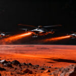 Tres helicópteros de la misión SkyFall de la NASA explorando la superficie de Marte en 2028.