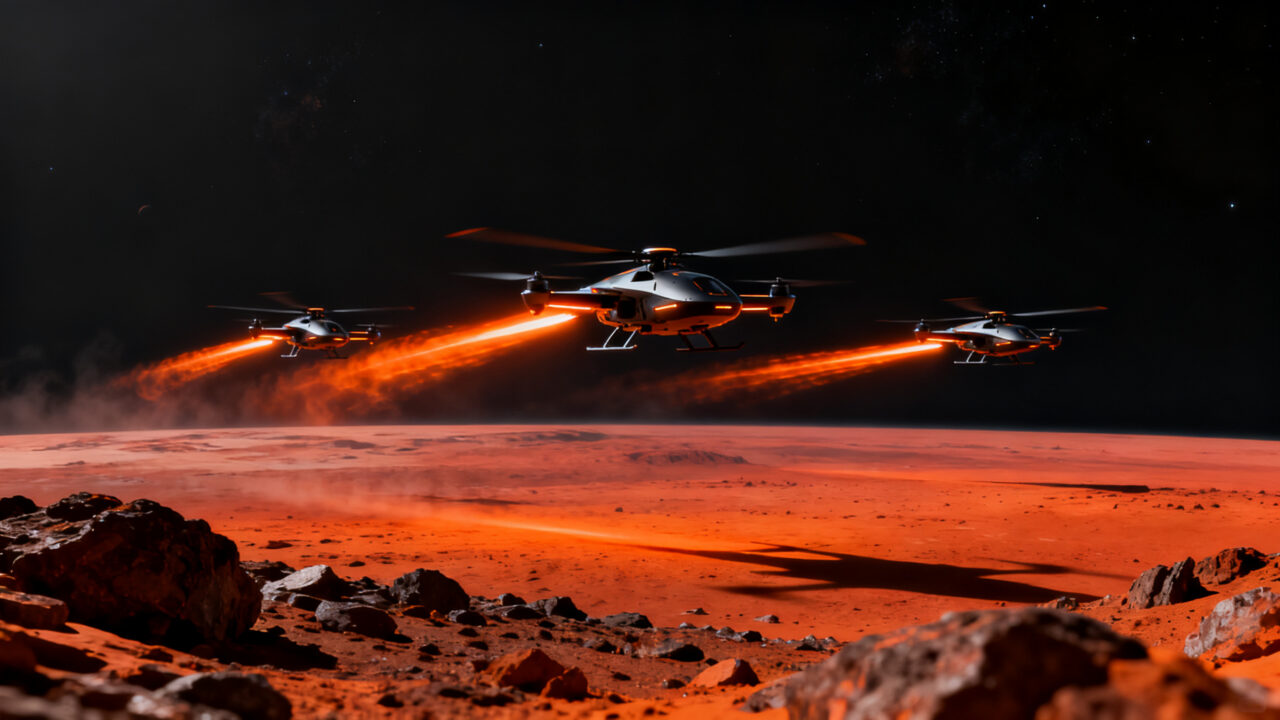Tres helicópteros de la misión SkyFall de la NASA explorando la superficie de Marte en 2028.