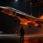 Silueta de avión hipersónico experimental tipo X-Plane en un hangar futurista, representando la innovación de la NASA y el legado del SR-71 Blackbird.