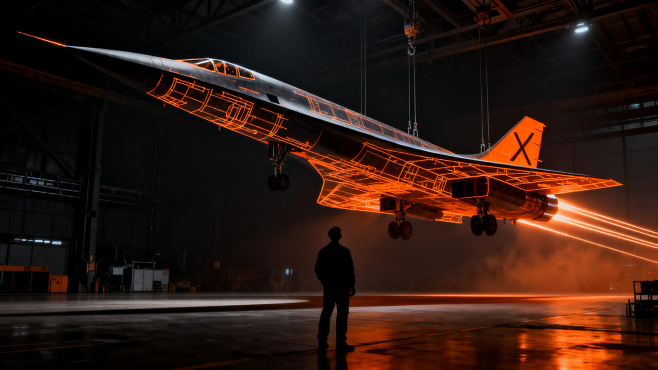 Silueta de avión hipersónico experimental tipo X-Plane en un hangar futurista, representando la innovación de la NASA y el legado del SR-71 Blackbird.