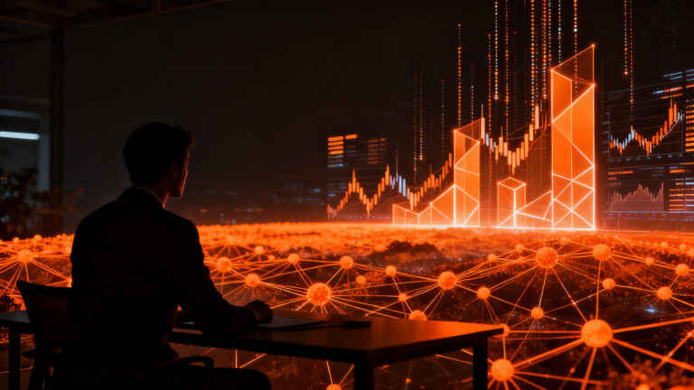Agente de IA de Meta representado por redes de datos y chips, impulsando el crecimiento en el mercado bursátil.