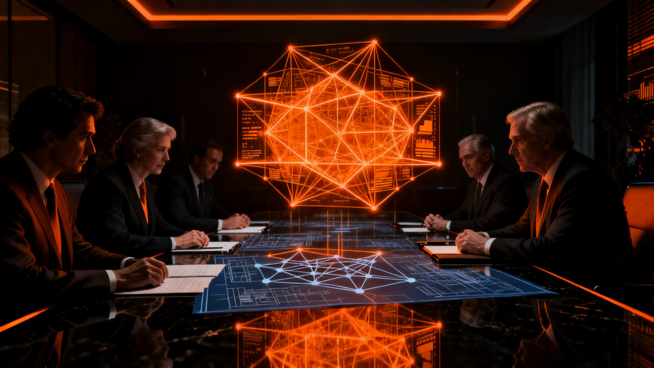 Líderes tecnológicos y políticos en una cena de alto nivel negociando la regulación y seguridad de la inteligencia artificial.