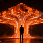 Arquitectura de red neuronal compleja representando el modelo Nemotron 3 Ultra de NVIDIA y su capacidad de inferencia rápida en IA.