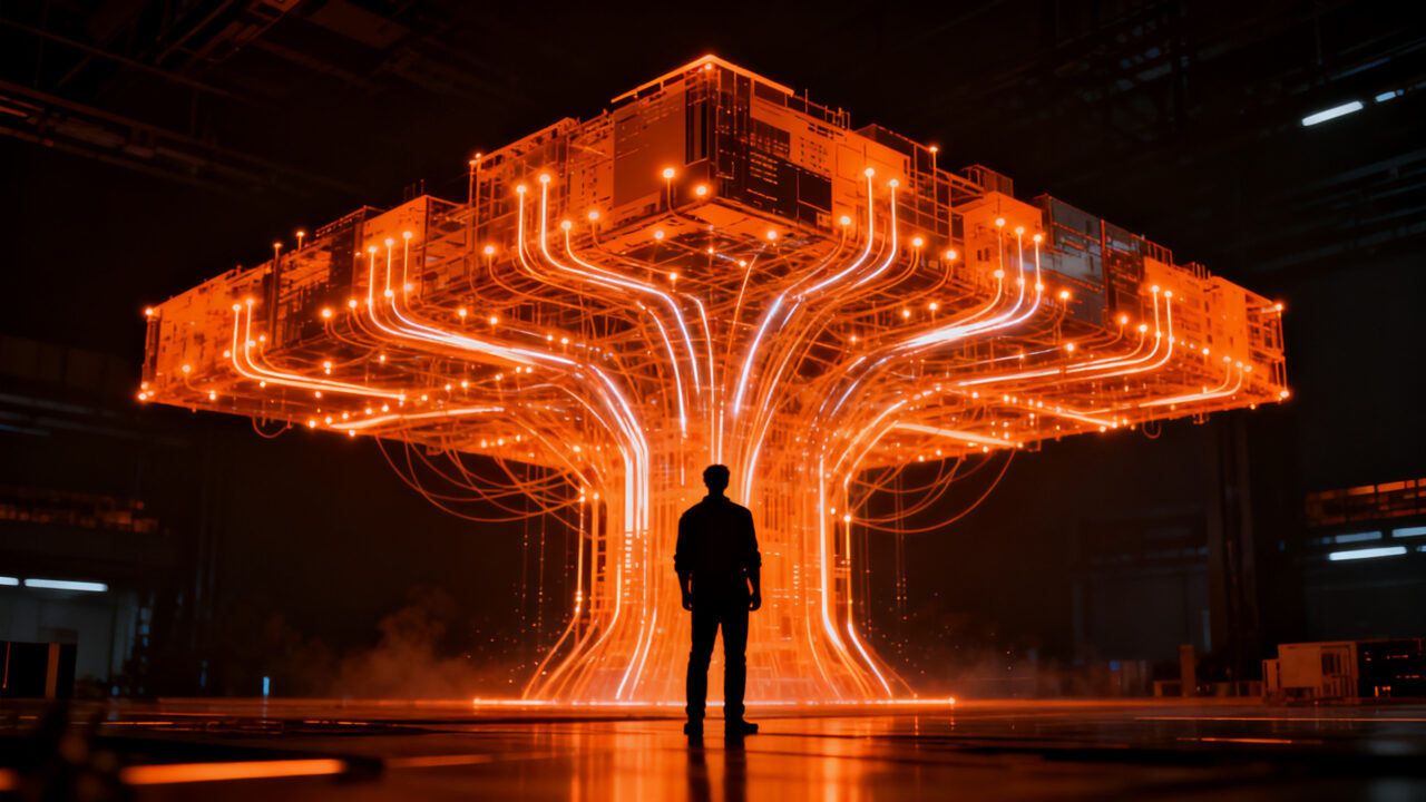 Arquitectura de red neuronal compleja representando el modelo Nemotron 3 Ultra de NVIDIA y su capacidad de inferencia rápida en IA.
