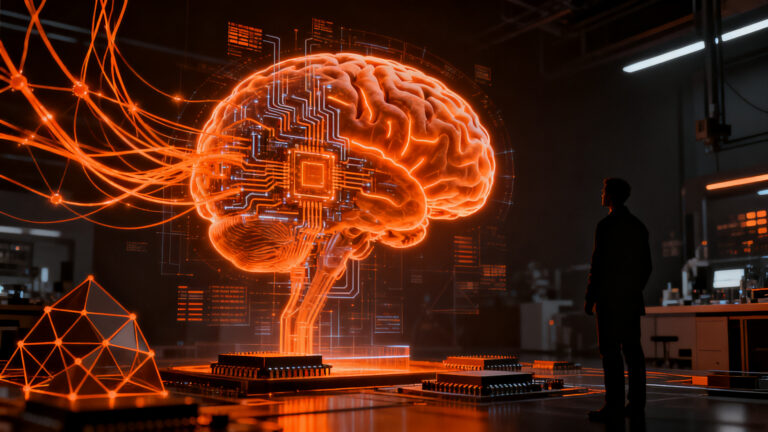 Investigador analizando conexiones neuronales digitales en un entorno de neurotecnología y NeuroAI para startups deep tech.