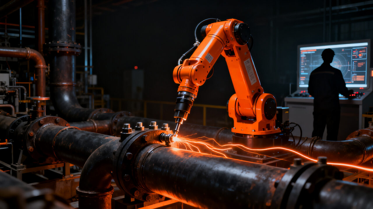 Robot industrial automatizando el mantenimiento de tuberías en un entorno de alta seguridad para startups.