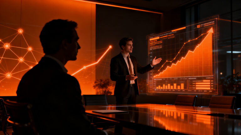Partner de venture capital evaluando el rendimiento de ventas de un fundador de startup tecnológica, representando la inversión en software y estrategia B2B.