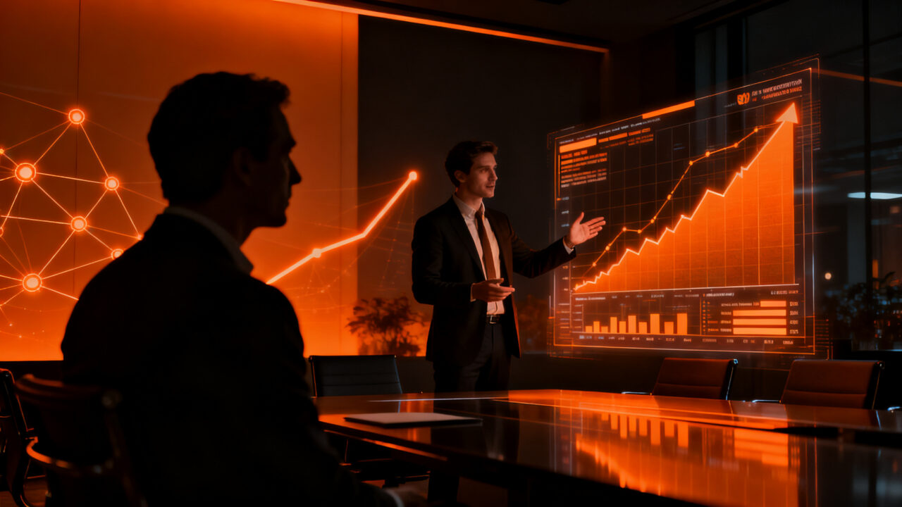 Partner de venture capital evaluando el rendimiento de ventas de un fundador de startup tecnológica, representando la inversión en software y estrategia B2B.