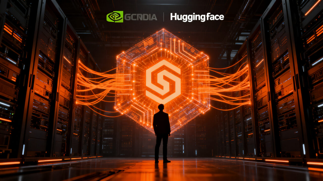 Adquisición de Hugging Face por Nvidia, representando la unión de infraestructura de IA y modelos de código abierto.