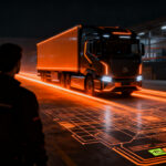 Camión autónomo eléctrico de Einride impulsado por tecnología Nvidia DRIVE Hyperion en un entorno logístico futurista.