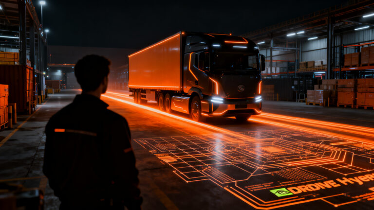 Camión autónomo eléctrico de Einride impulsado por tecnología Nvidia DRIVE Hyperion en un entorno logístico futurista.
