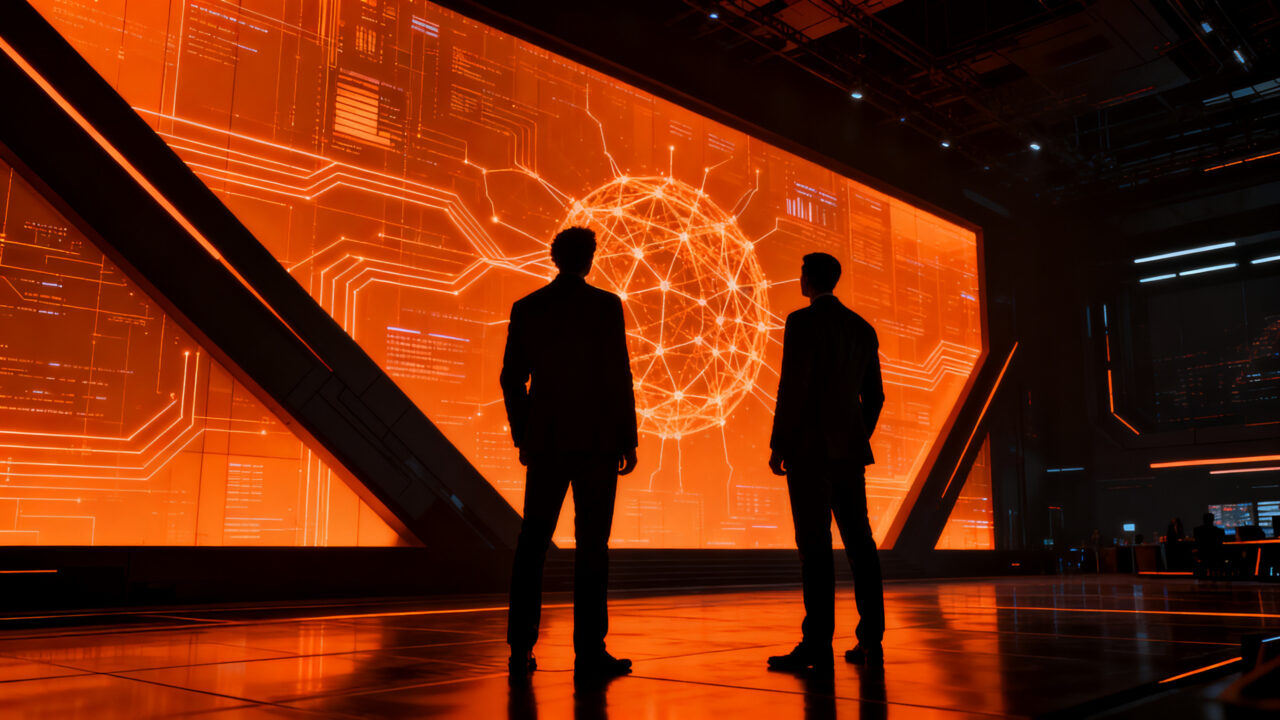 Líderes tecnológicos de Nvidia y Meta desafiando la regulación de la IA en un entorno futurista y corporativo.