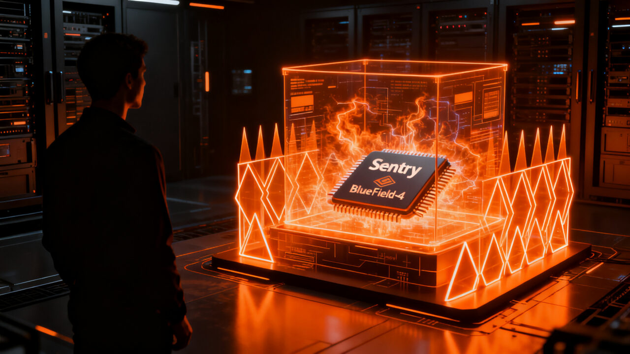 Chip Nvidia Sentry de BlueField-4 monitorizando agentes de IA para garantizar la seguridad y evitar fugas de datos.