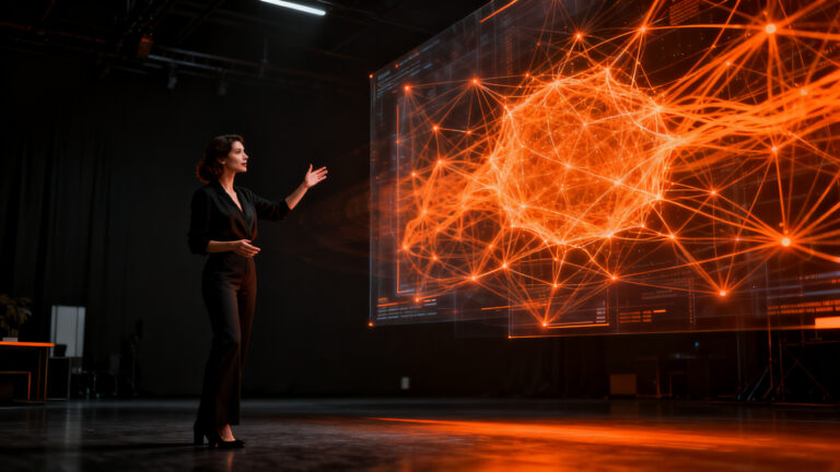 Estratega creativa liderando la integración de inteligencia artificial en una agencia de publicidad, representando el futuro del talento humano.