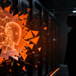 Agente de IA autónoma interactuando con redes de datos, representando los riesgos de seguridad y alineación en la inteligencia artificial.