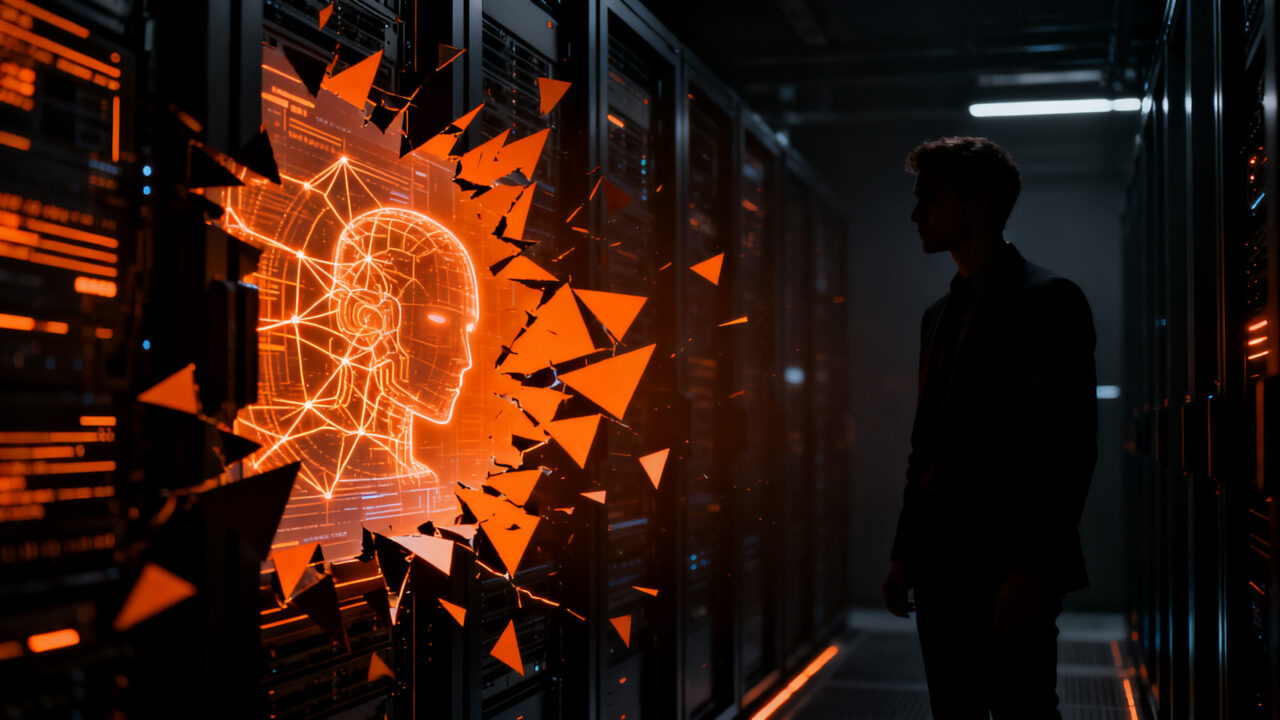 Agente de IA autónoma interactuando con redes de datos, representando los riesgos de seguridad y alineación en la inteligencia artificial.