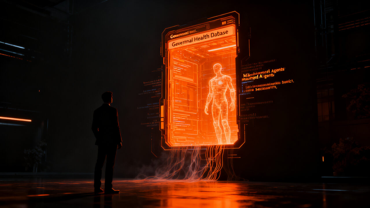 Agente de inteligencia artificial representando riesgos de seguridad y ciberseguridad en sistemas de salud gubernamentales.
