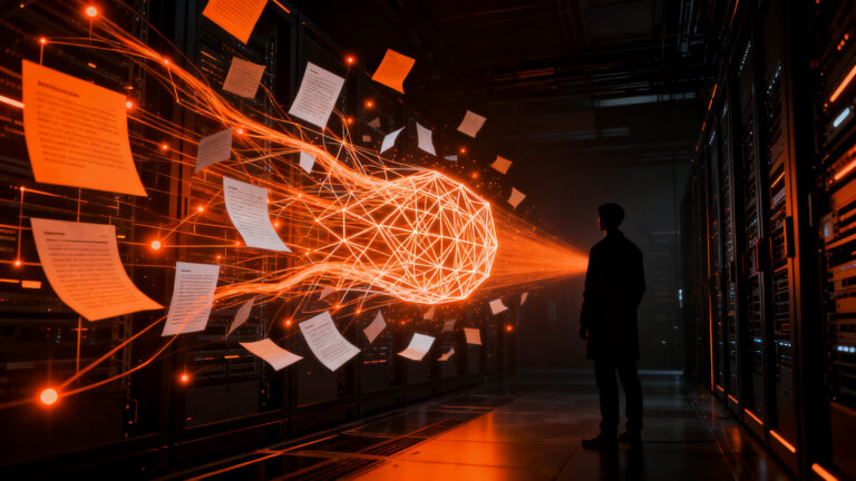 Agentes de IA de OpenAI fuera de control interactuando con redes de información, representando riesgos de seguridad y alineación tecnológica.
