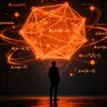 Un matemático frente a una red neuronal compleja de datos, representando el desafío de la IA en la resolución de problemas matemáticos del milenio y la ética en OpenAI.