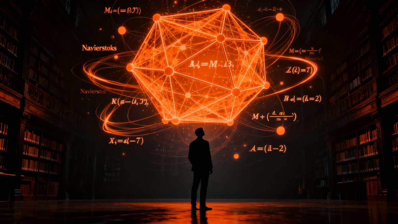 Un matemático frente a una red neuronal compleja de datos, representando el desafío de la IA en la resolución de problemas matemáticos del milenio y la ética en OpenAI.