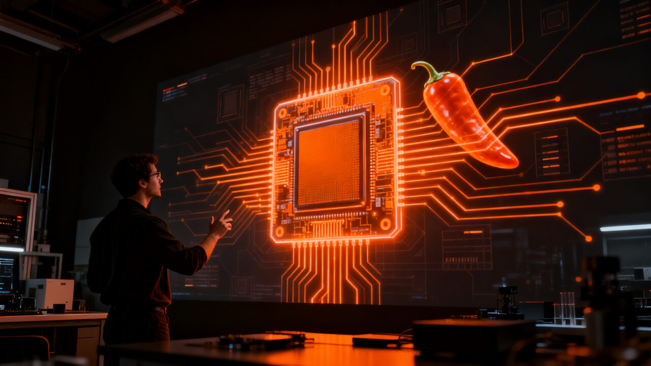 Ingeniero analizando el diseño del chip Jalapeño de OpenAI mediante inteligencia artificial.