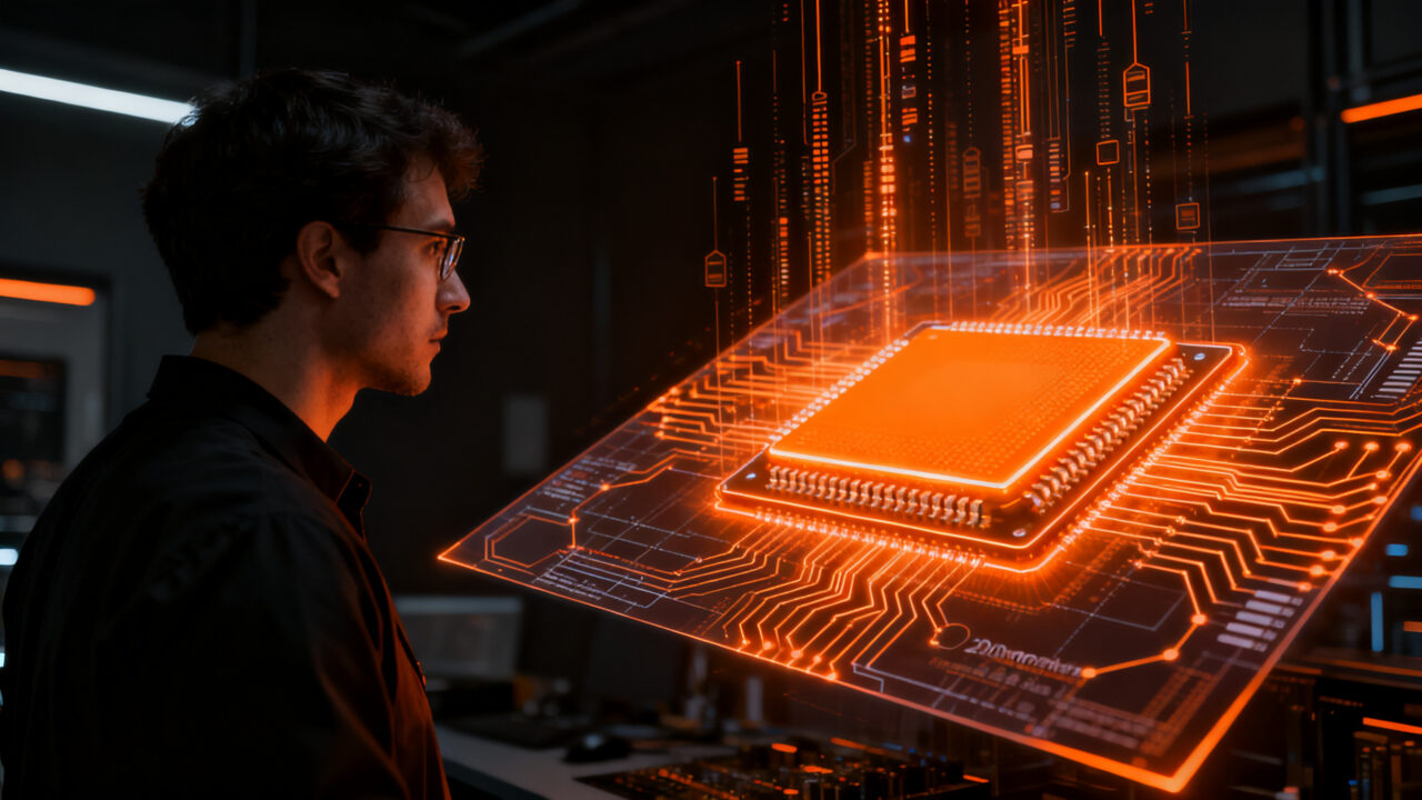 Ingeniero trabajando en el diseño del chip Jalapeño de OpenAI con inteligencia artificial, representando la innovación en hardware.