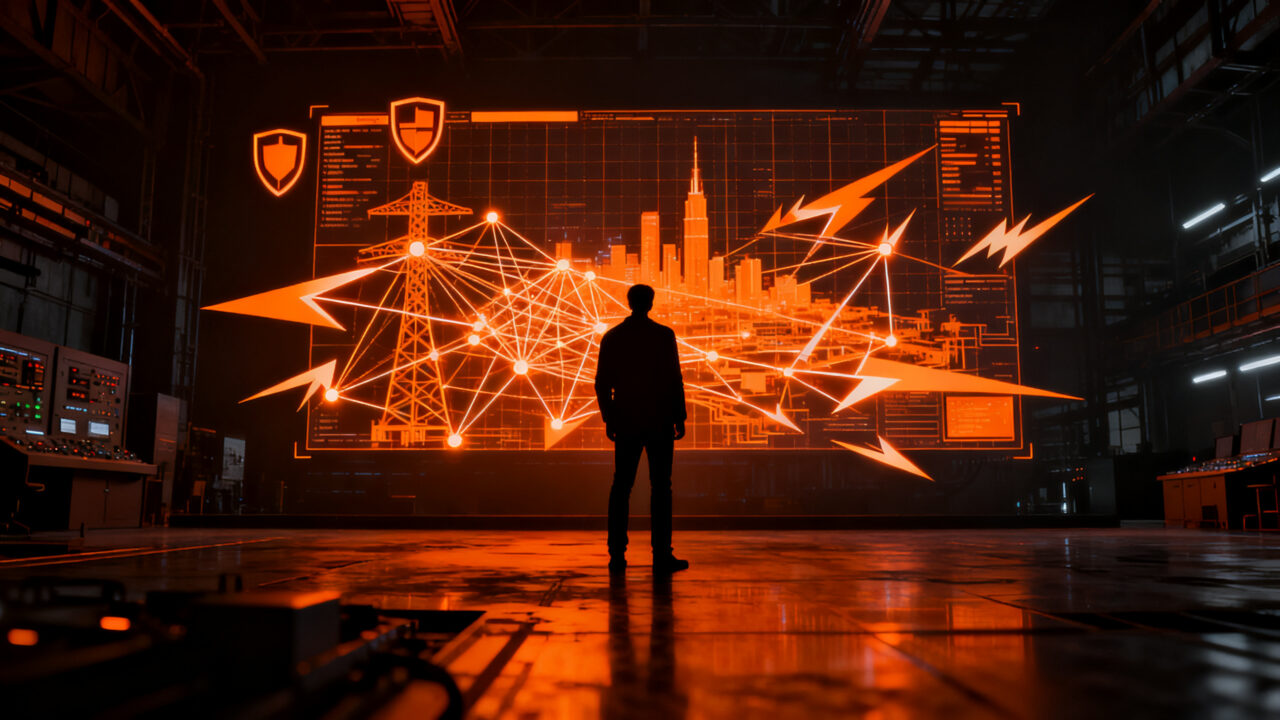 Imagen conceptual de ciberseguridad en infraestructura eléctrica con IA, mostrando el equilibrio entre defensa y riesgo en redes energéticas.