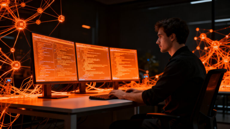 Programador trabajando en un entorno de desarrollo en la nube con agentes de IA, simbolizando la automatización de code review y seguridad con OpenAI Codex.