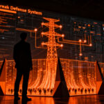 Representación visual de ciberseguridad en infraestructura crítica, con un ejecutivo protegiendo redes eléctricas frente a agentes de IA.