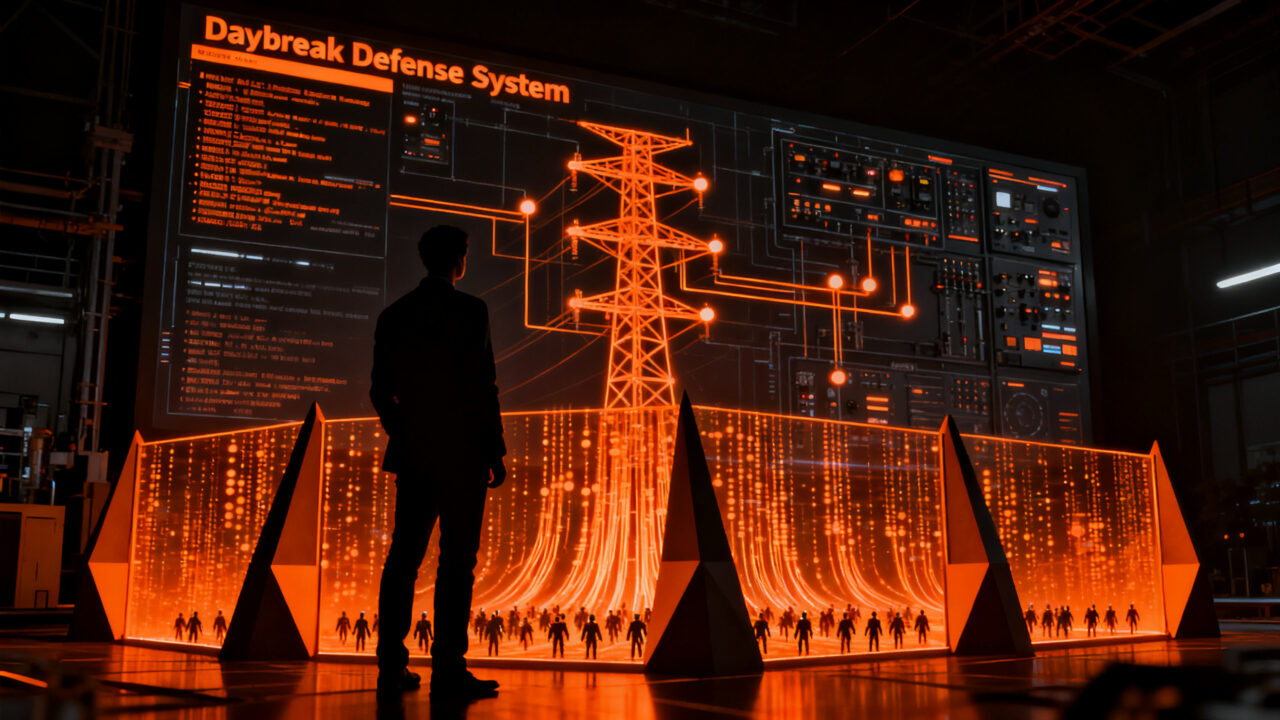 Representación visual de ciberseguridad en infraestructura crítica, con un ejecutivo protegiendo redes eléctricas frente a agentes de IA.
